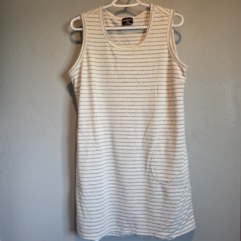 Women's Soft Striped Mini Tank Dress, Wide Straps & Pockets - Cream & Gray, L